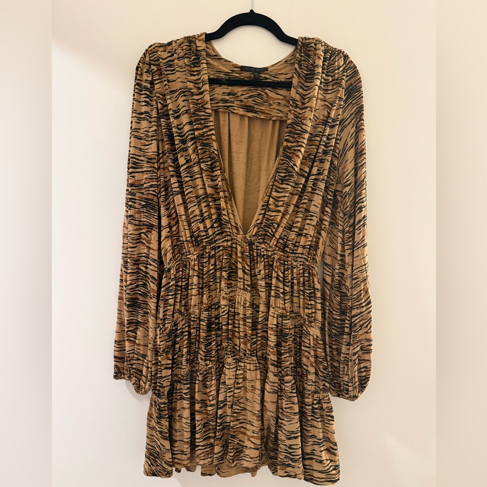 Indah Long Sleeve Tunic Dress in Tan and Black Animal Print